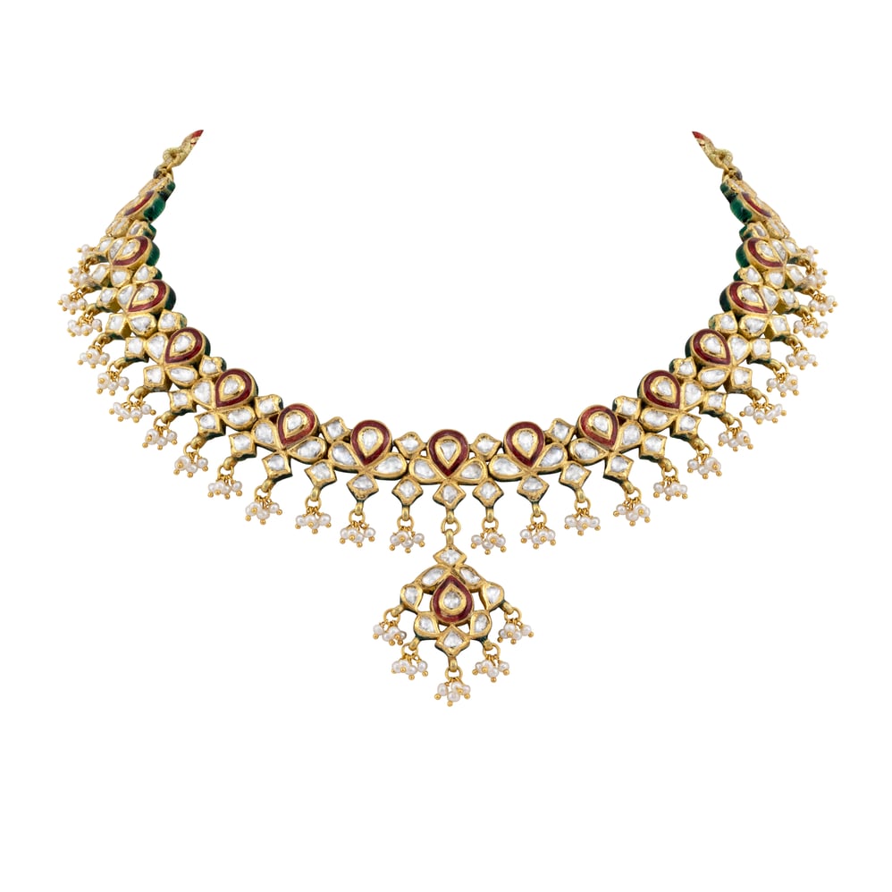 Polki Necklace with Red Enamel and Pearl Bead Clusters